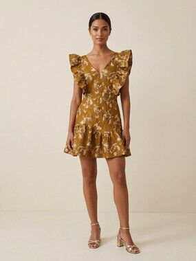 LoveShackFancy Alanis Gold Floral Brocade Ruffle Mini Dress Size 2